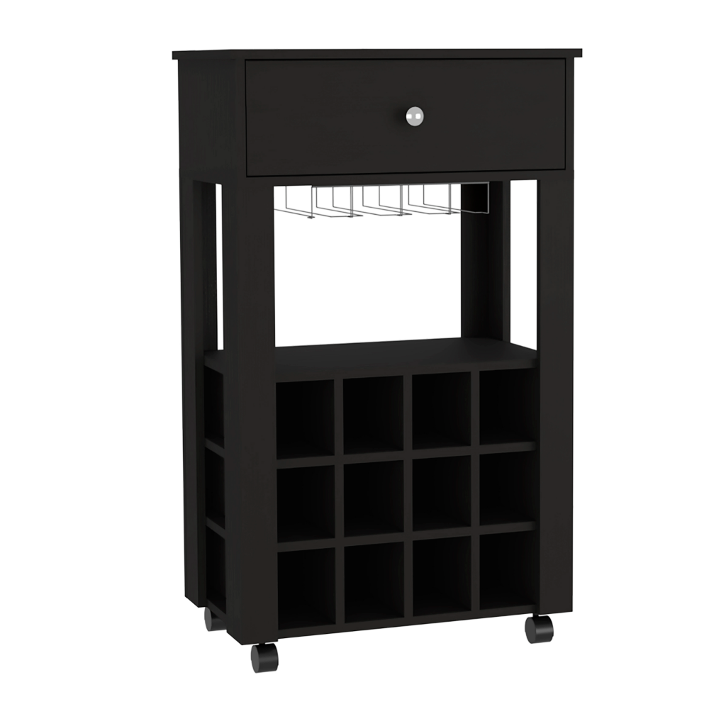 Memphis Bar Cart, Twelve Wine Cubbies, Four Legs, One Open Shelf