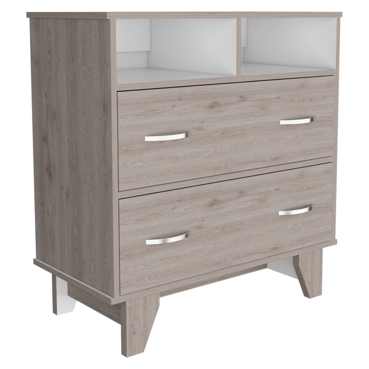 Gentile Double Drawer Dresser, Two Open Shelves, Superior Top