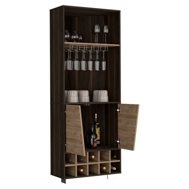 Fraktal Corner Bar Cabinet, Ten Wine Cubbies, Two Shelves, Double Door