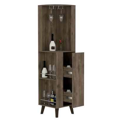 Cincinatti Corner Bar Cabinet, Cup Rack, Two External Shelves, One Drawer, Four Legs