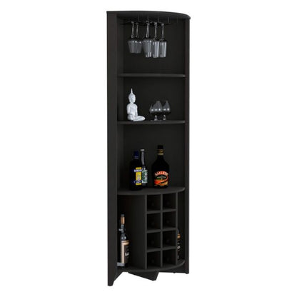 Essential Corner Bar Cabinet , Three Shelves, Eight Wine Cubbies, Two Side Shelves