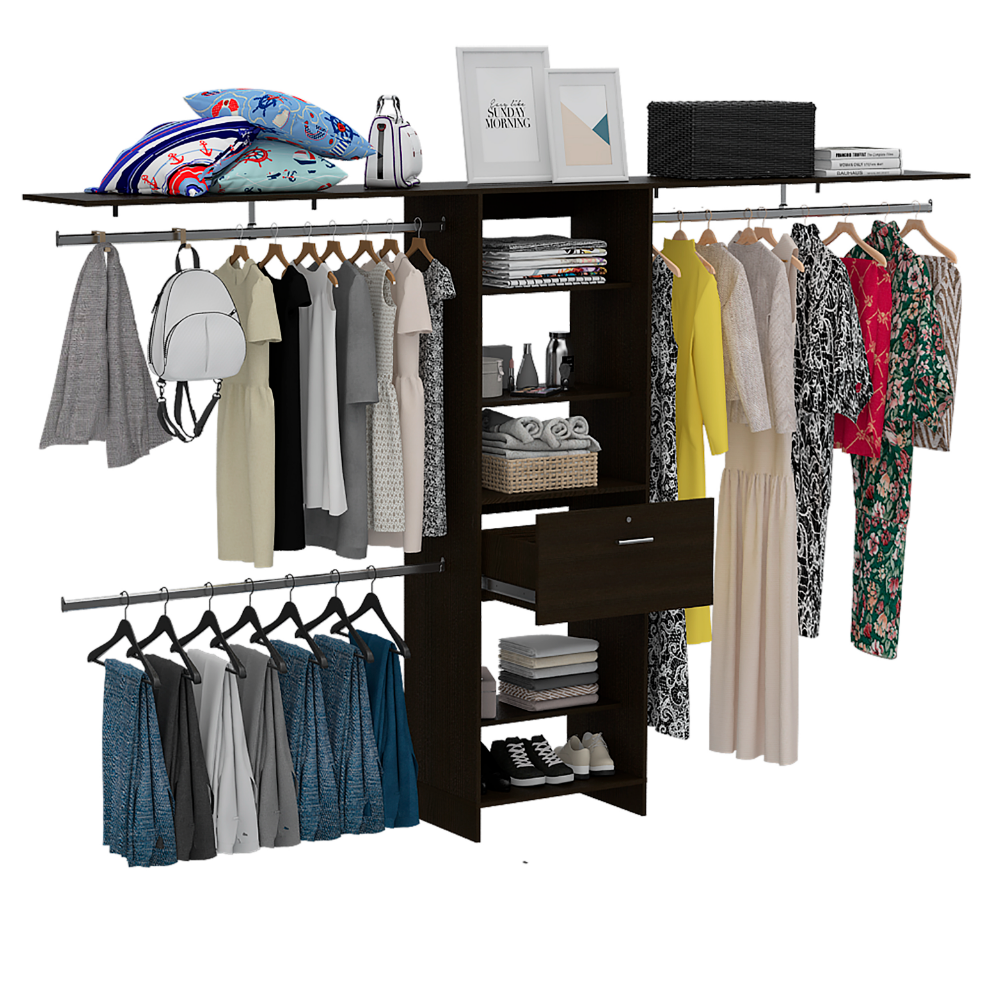 Plego 70"W - 118"W Drawers Closet System, One Drawer,Three Hanging Rods, Five Shelves