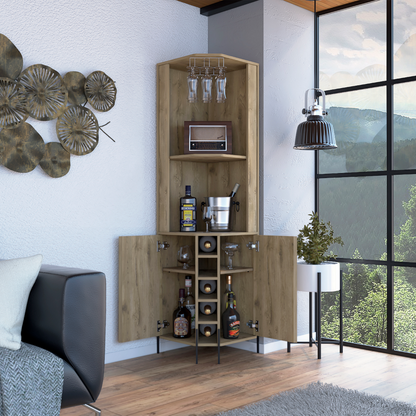 Shangai Corner Bar Cabinet, Two Shelves, Five Wine Cubbies