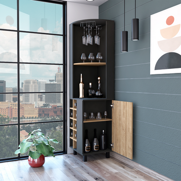 Kaia Corner Bar Cabinet with superior Glasses shelves and Cubby Shelving