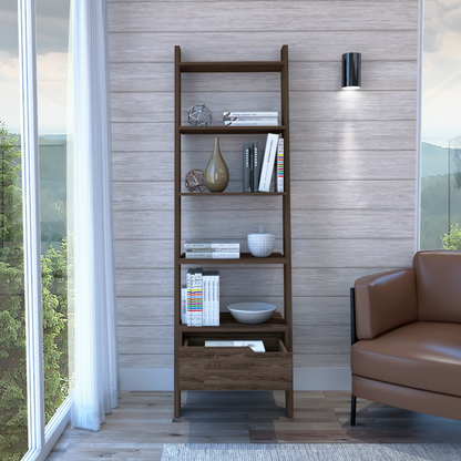 Oslo Ladder Bookcase, Four Legs, One Drawer, Five Open Shelves