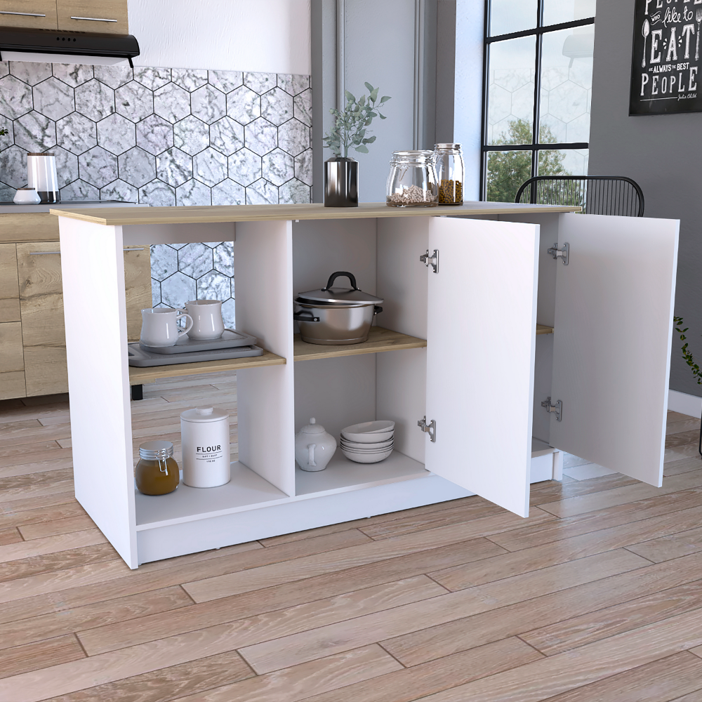 Juniper Kitchen Island, Four Open Shelves, Two Cabinets