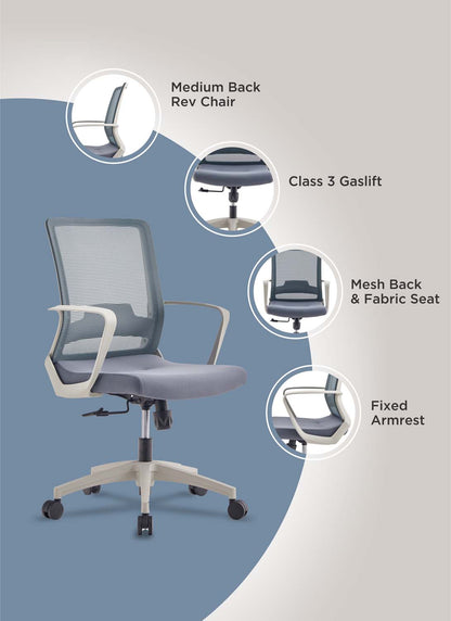 Alpha Office Chair, Fabric Seat, Fixed Armrest, Class Three Gaslift, Mesh