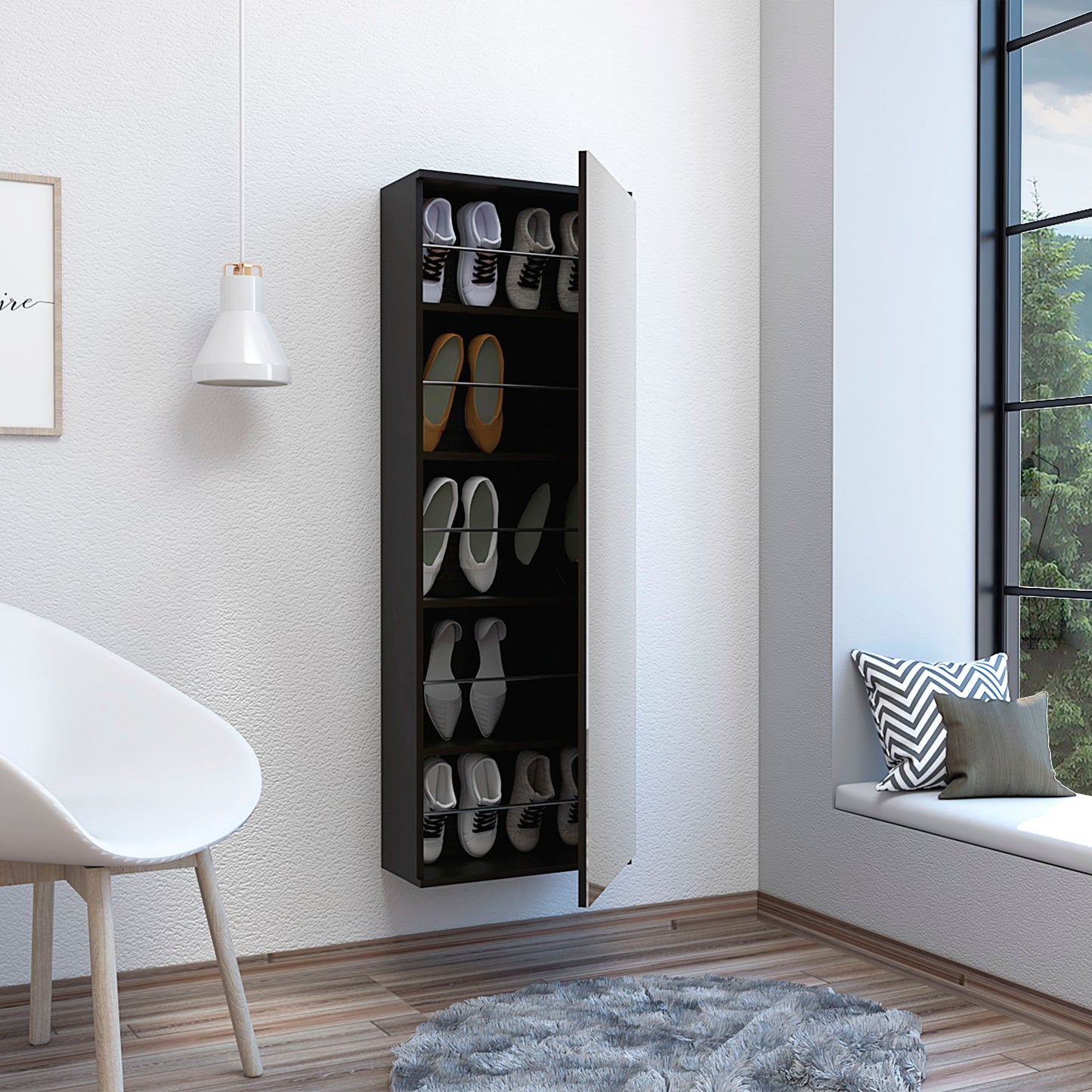 Leto Wall Mounted Shoe Rack With Mirror, Single Door, Capacity For Ten Shoes