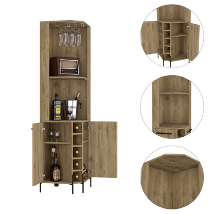 Shangai Corner Bar Cabinet, Two Shelves, Five Wine Cubbies