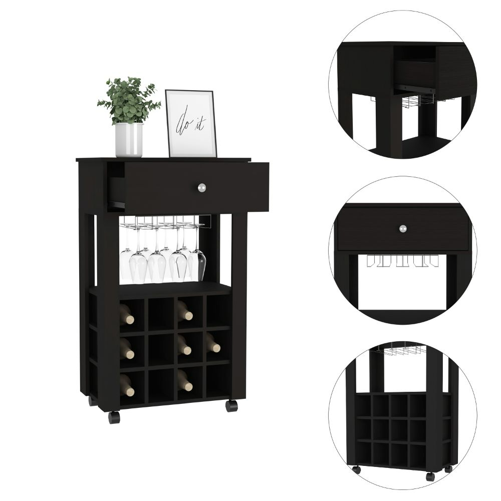 Memphis Bar Cart, Twelve Wine Cubbies, Four Legs, One Open Shelf