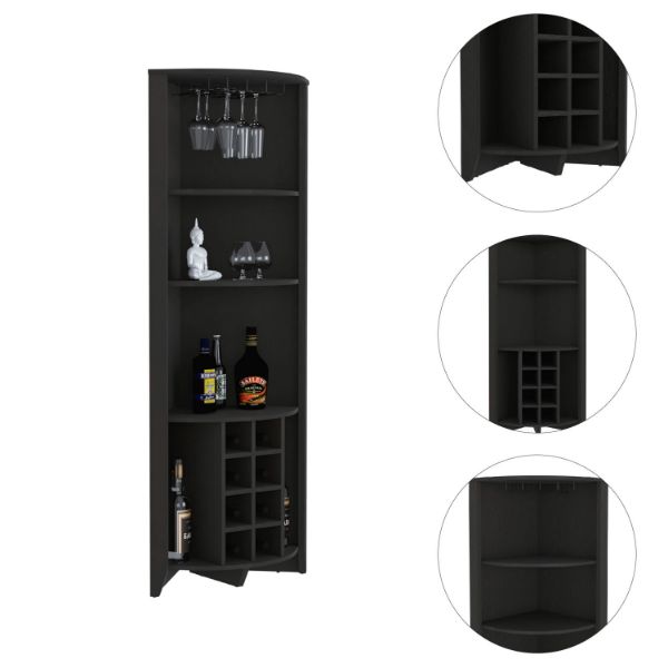 Essential Corner Bar Cabinet , Three Shelves, Eight Wine Cubbies, Two Side Shelves