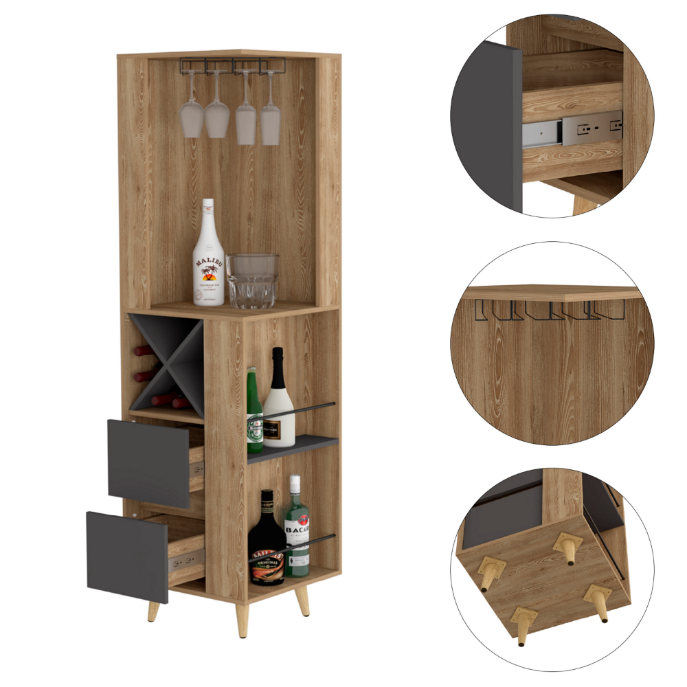 Salem Corner Bar Cabinet, Two External Shelves, Two Drawers, Four Wine Compartments