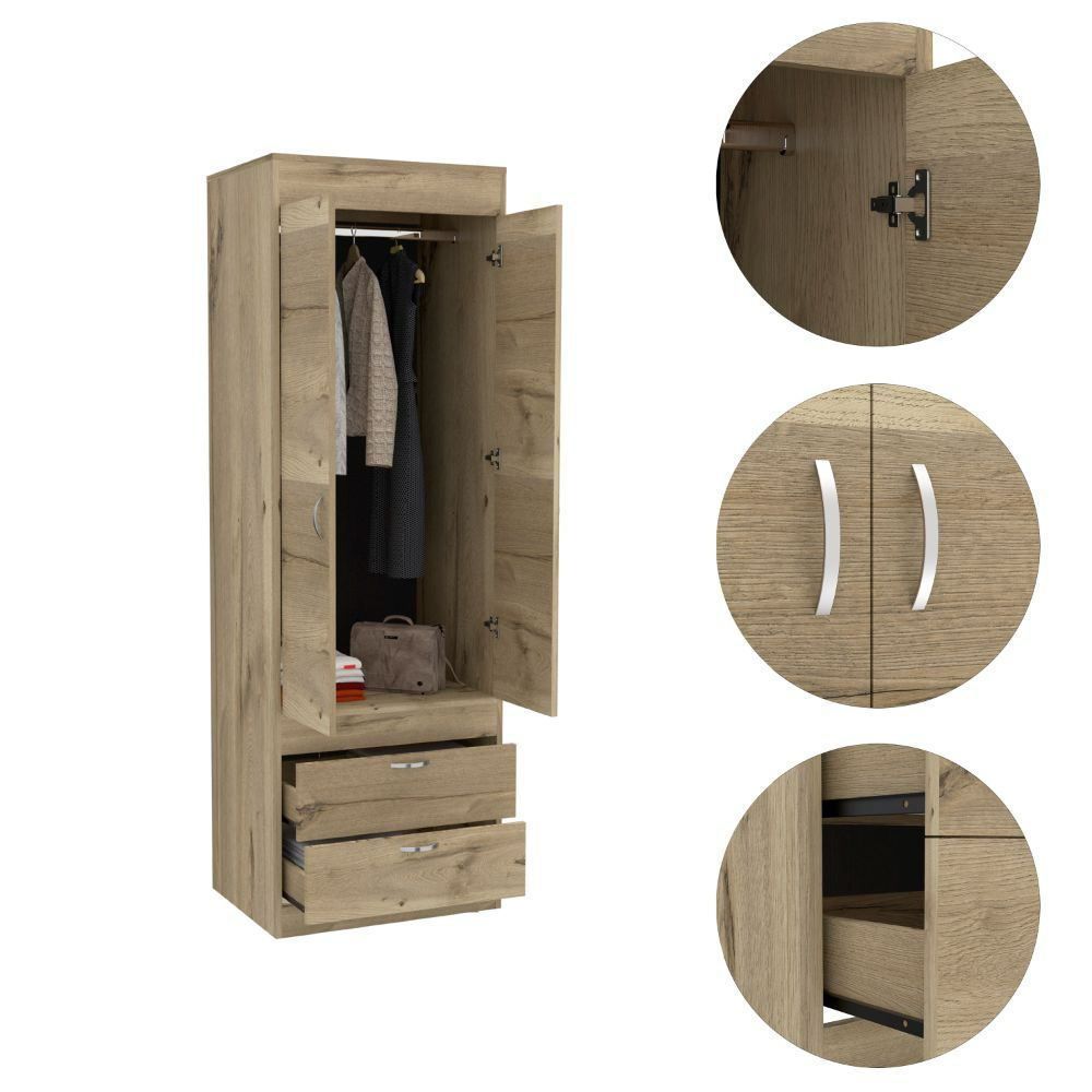 Lisboa Armoire, Rod, Double Door, Two Drawers, Metal Handles