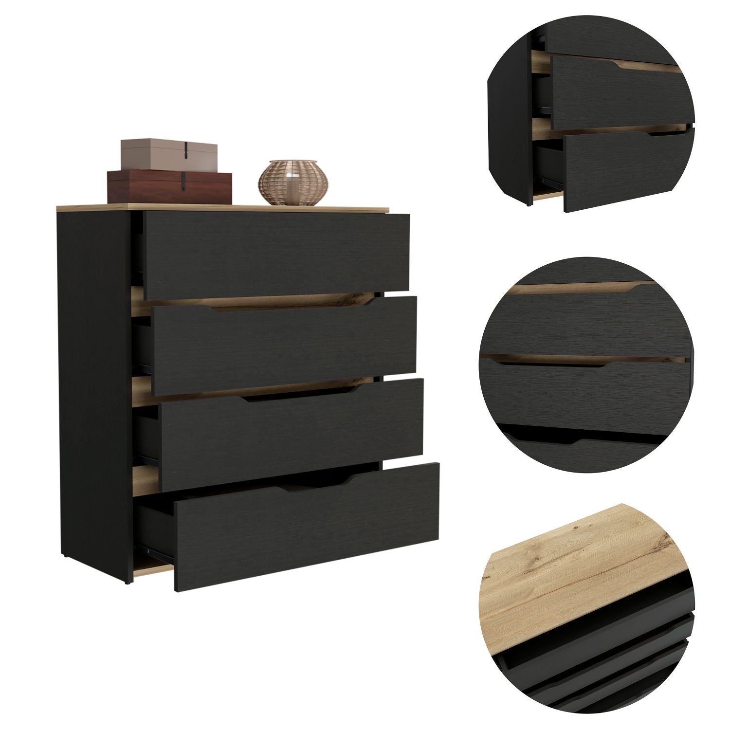 TUHOME Zoe Dresser, Superior Top, Four Drawers, Black/Light Oak, CWD7156 TUHOME Zoe Dresser, Superior Top, Four Drawers, Black/Light Oak, CWD7156