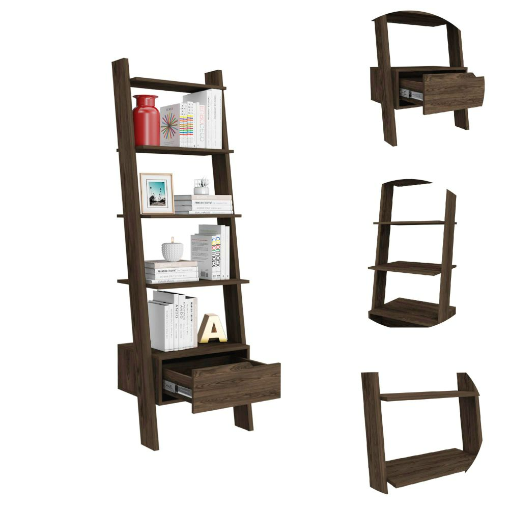 Oslo Ladder Bookcase, Four Legs, One Drawer, Five Open Shelves