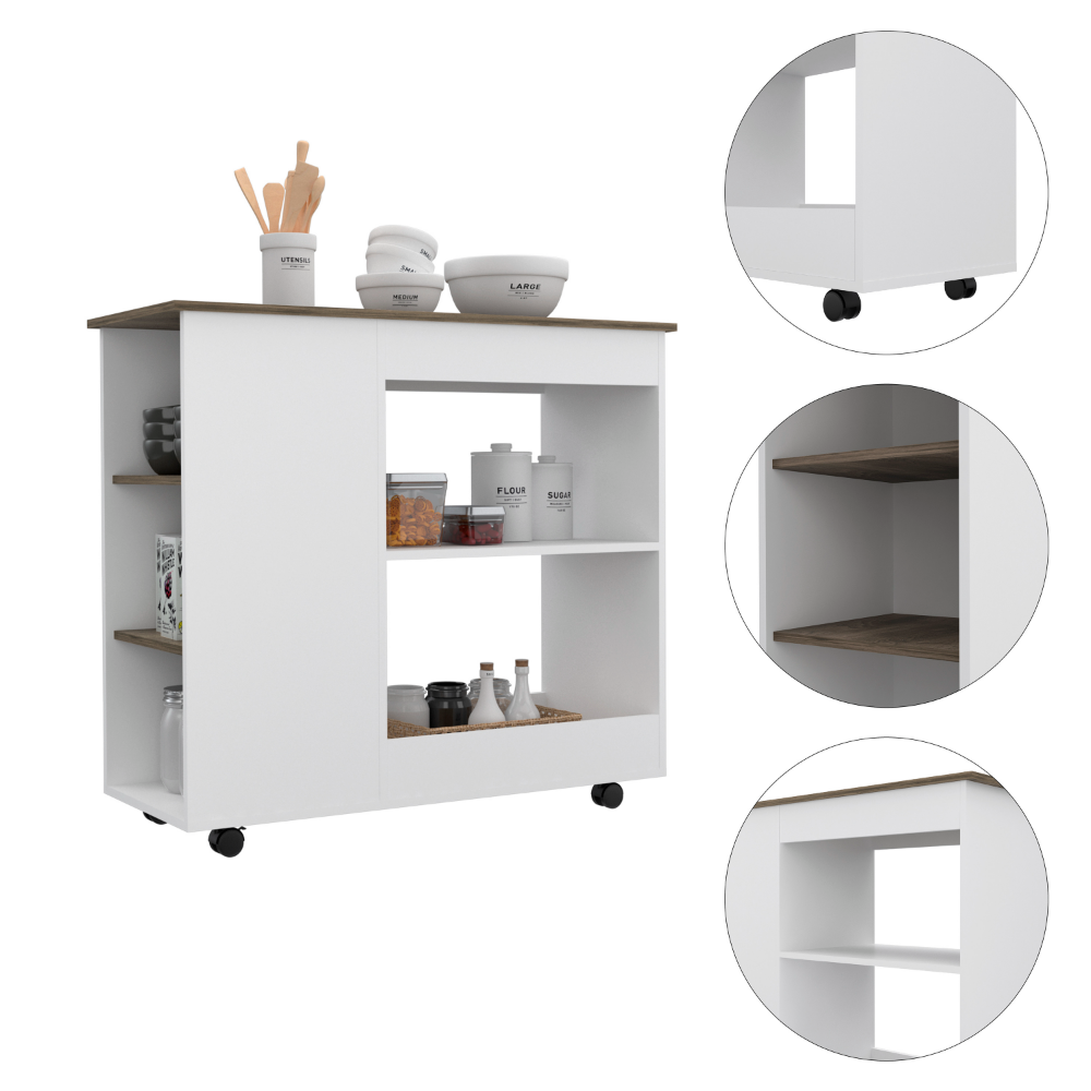 Nigella Kitchen Cart, Two Storage Shelves, Four Casters, Three Side Shelves