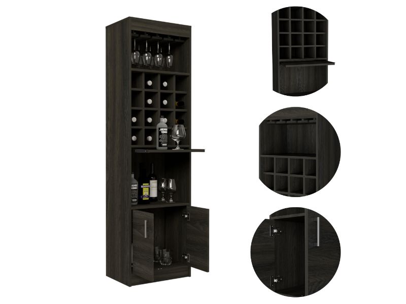 Kava Bar Cabinet, One Extendable Shelf, Sixteen Wine Cubbies, One Shelf